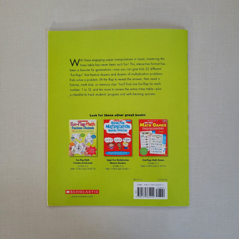 Back cover of a Multiplication book with text and images on a gray background
