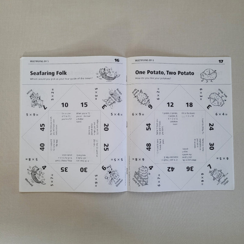 Two pages of educational multiplication game a beige background