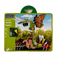 Play Press Garden Insects toy set packaging with colorful illustrations of insects on a green background.