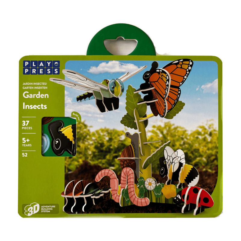 Play Press Garden Insects toy set packaging with colorful illustrations of insects on a green background.