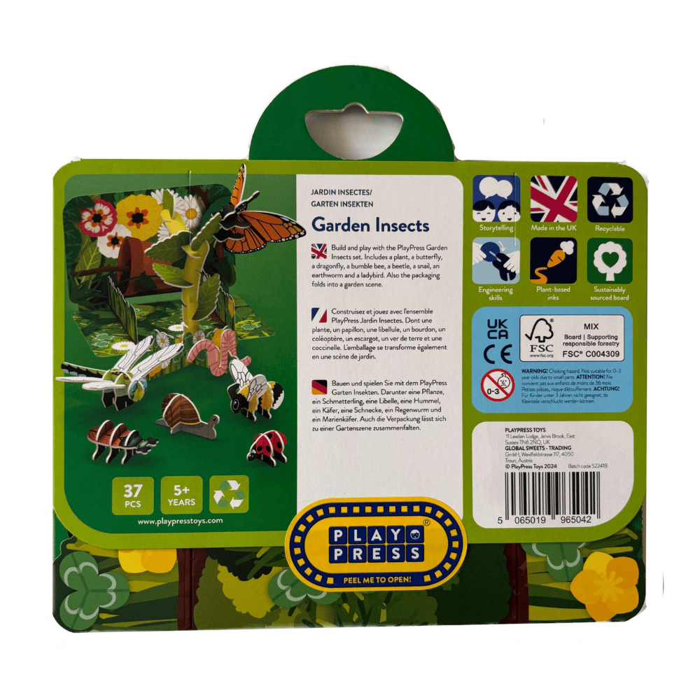 Play Press Garden Insects packaging with illustrations of insects and plants on a green background.