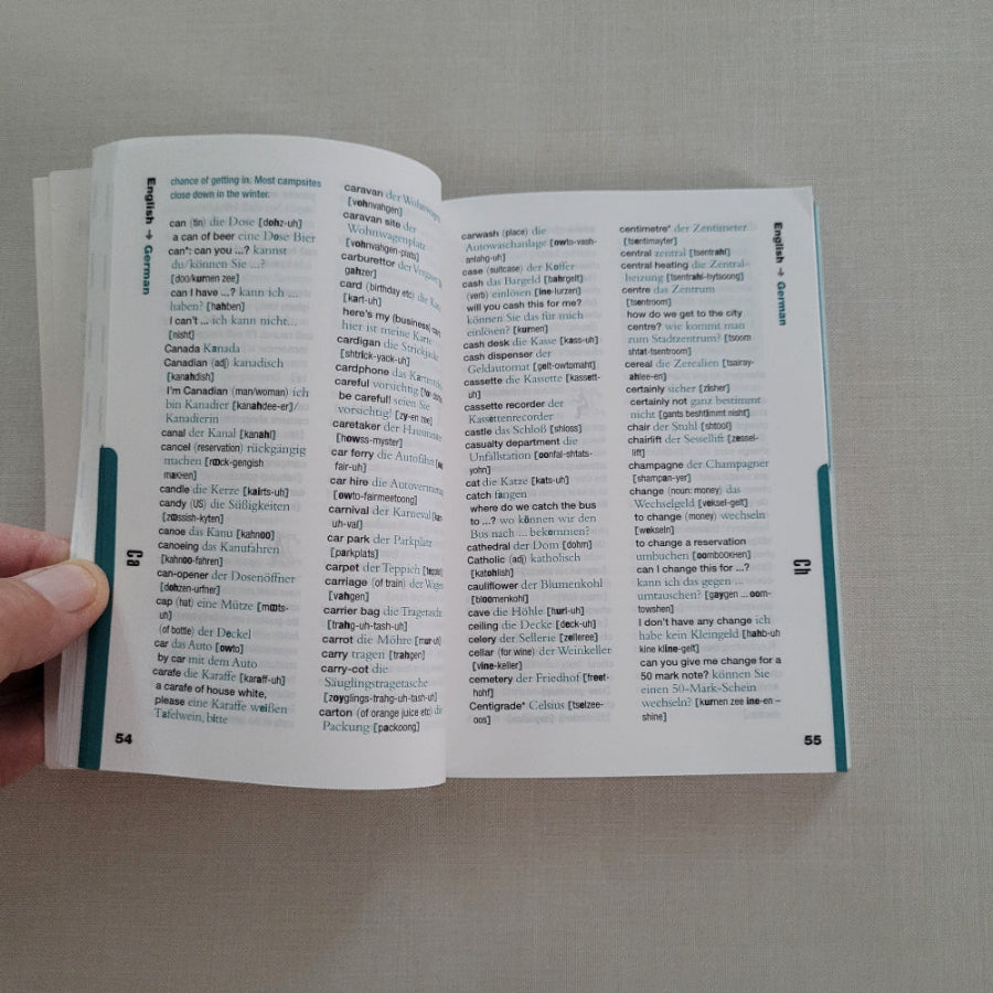 Open dictionary book with text on a plain background