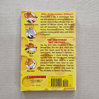 Back cover of a book with cartoon characters and text on a grey textured background