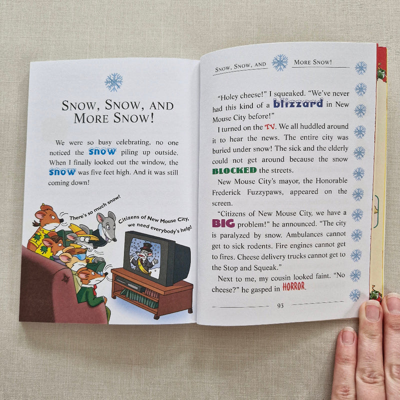 Open book with cartoon illustration on a textured surface