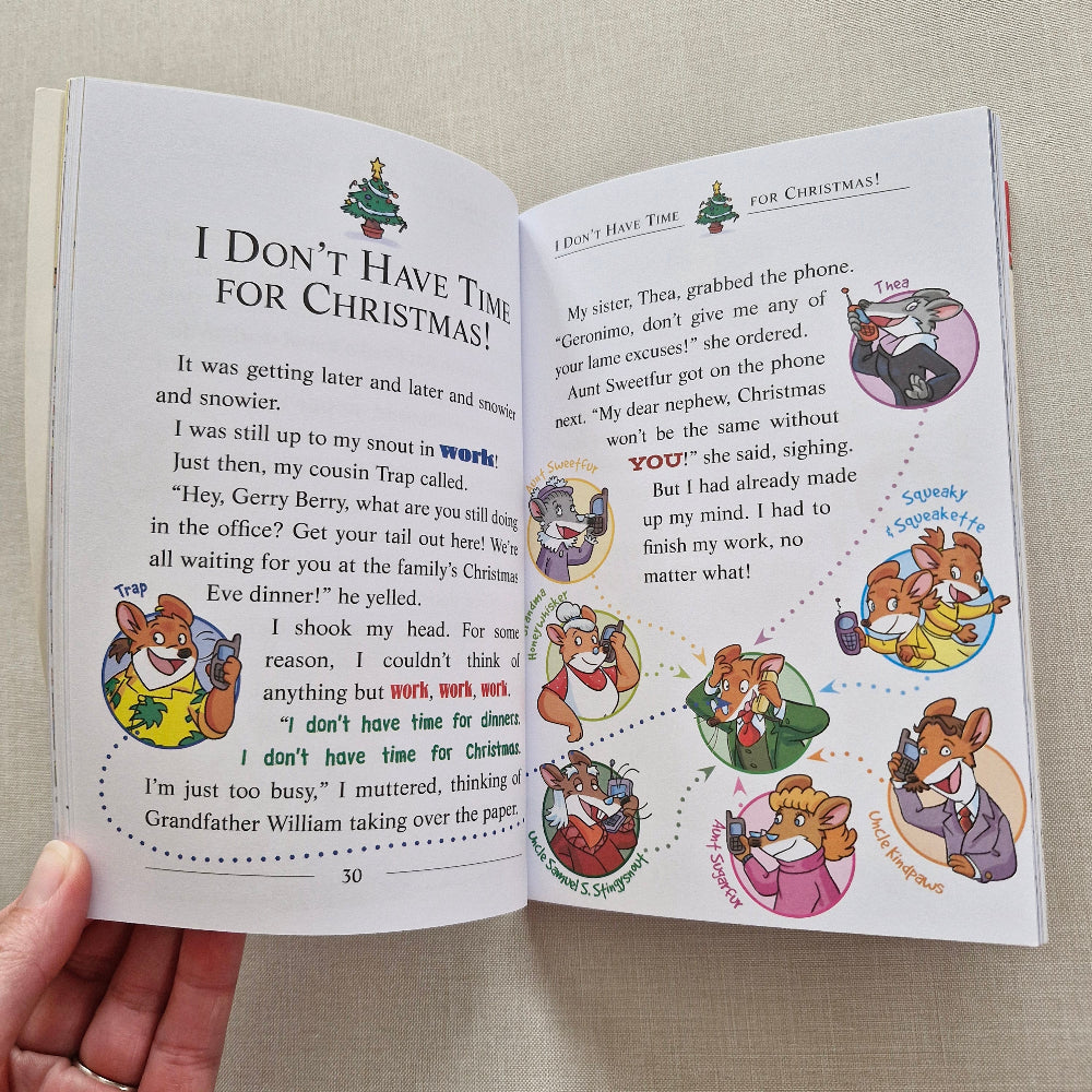 Open book with cartoon characters and text on a beige background