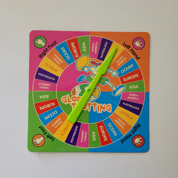 Colourful board with directional indicators and a green pointer on a white background