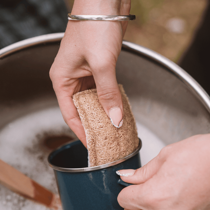 Person cleaning a blue mug with an eco scrub sponge in a sink