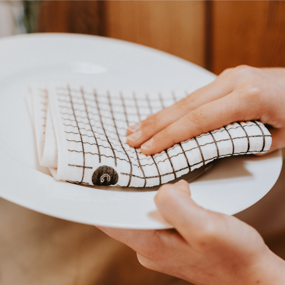 Person holding a white plate and drying it with a good change eco cloth