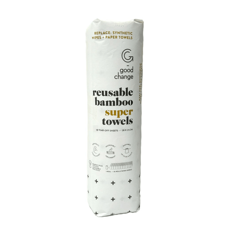 Pack of reusable bamboo super towels by Good Change on a white background