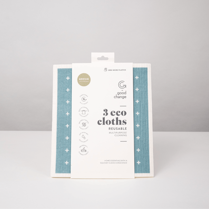 Pack of reusable eco cloths with 'good change' branding on a gray background