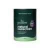 Goodbye natural sunscreen container with green lid and base on a white background