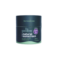 Goodbye natural sunscreen jar with SPF 50 on a white background