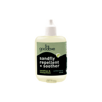 Bottle of sandfly repellent and soother with 'goodbye' branding on a white background