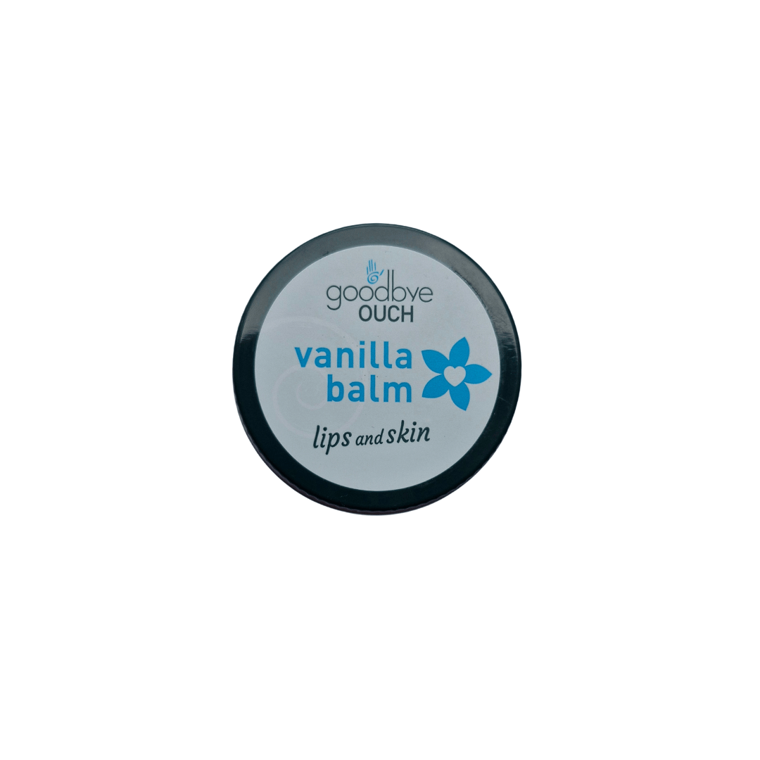 Vanilla balm container with 'goodbye Ouch' branding on a white background