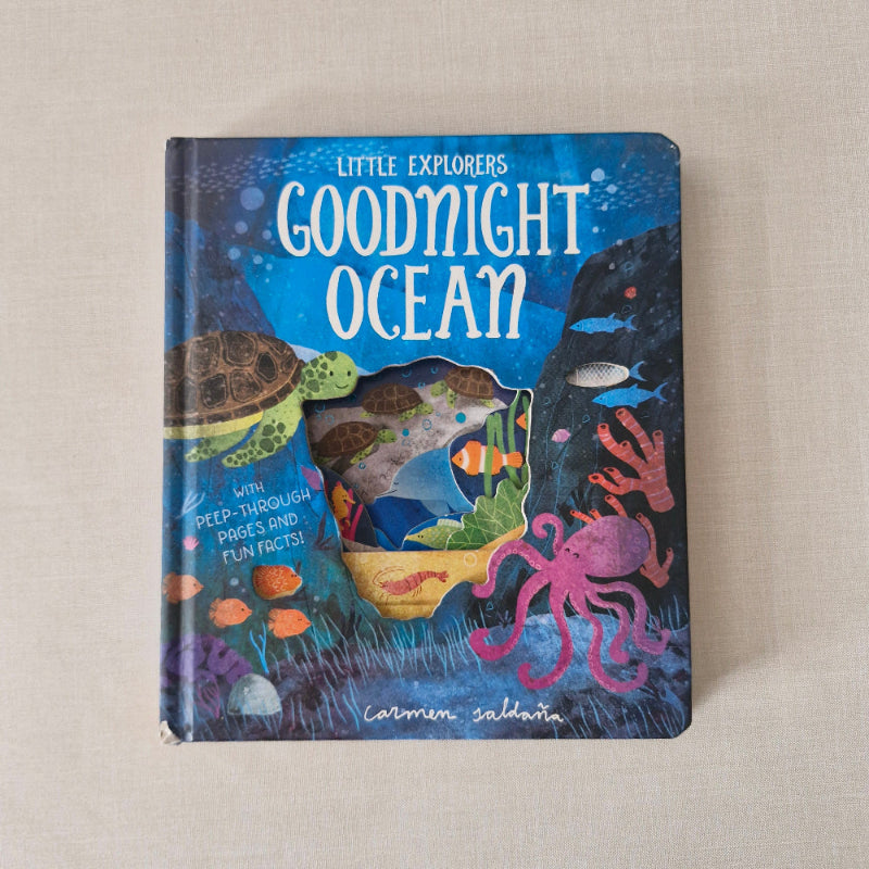 Children's book titled 'Goodnight Ocean' on a beige surface