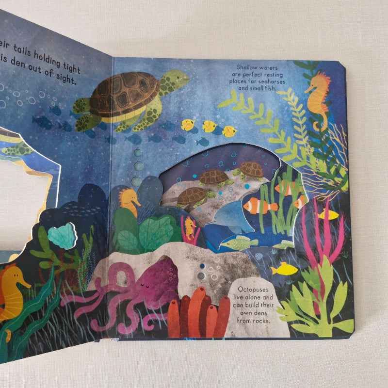 Illustrated book page with underwater scene featuring sea creatures