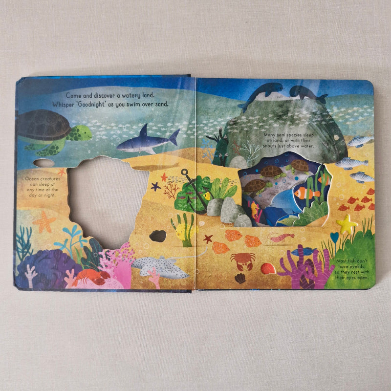 Colourful children's book with under water illustrations on a plain background