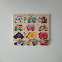 Wooden puzzle with colorful vehicle illustrations on a white background