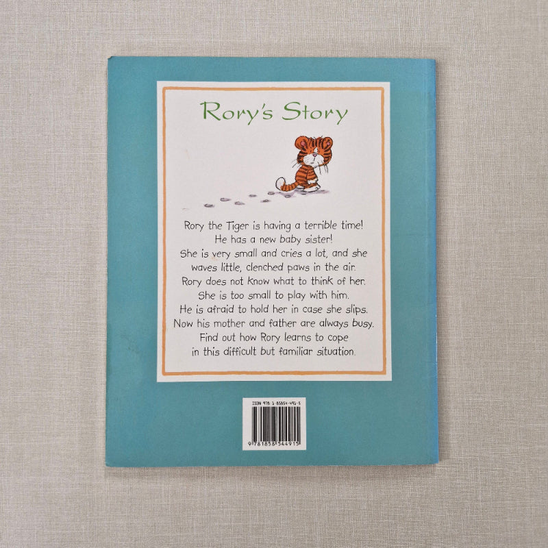 Back cover of a book titled 'Rory's Story' with text on a textured surface.