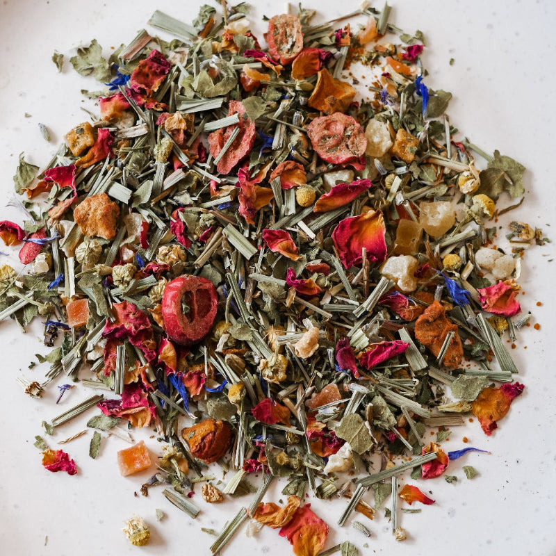 Blend of Loose Gut Feelings Tea on a white background
