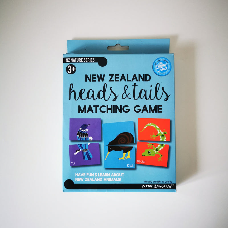 A packaged educational game titled 'New Zealand heads & tails MATCHING GAME', featuring illustrations of animals and birds on the cover.