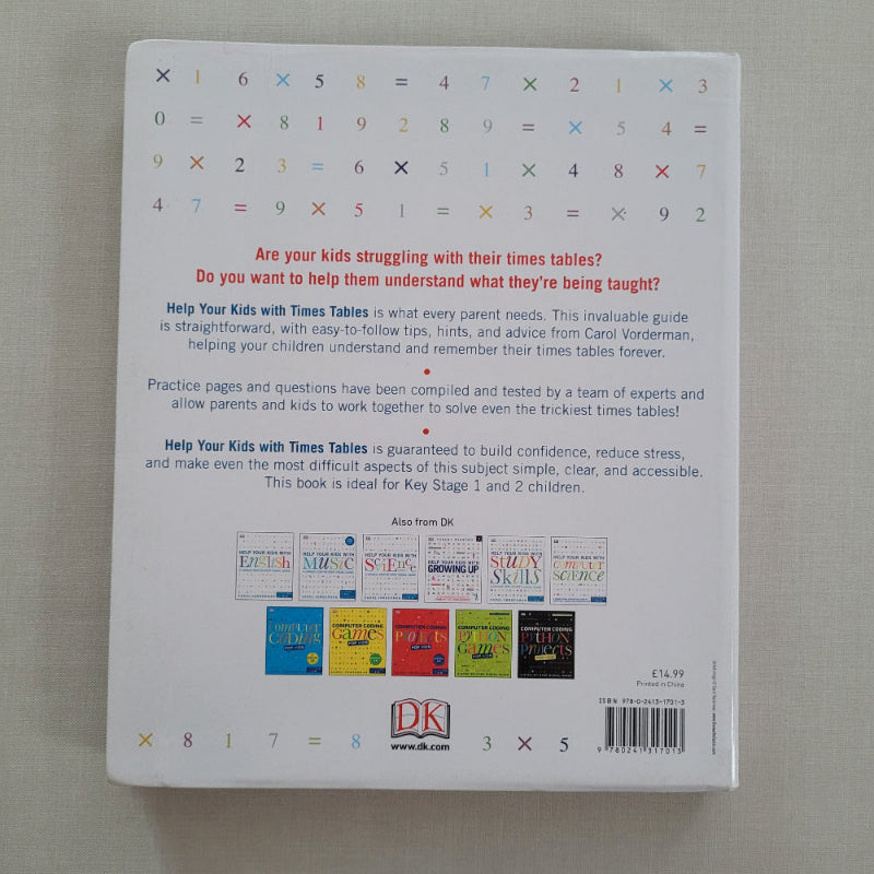 Back cover of a book with educational content on multiplication tables and DK branding.