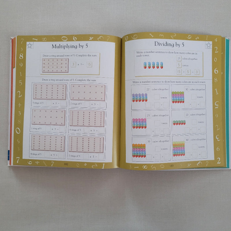 Open book with educational times tables content on a plain background
