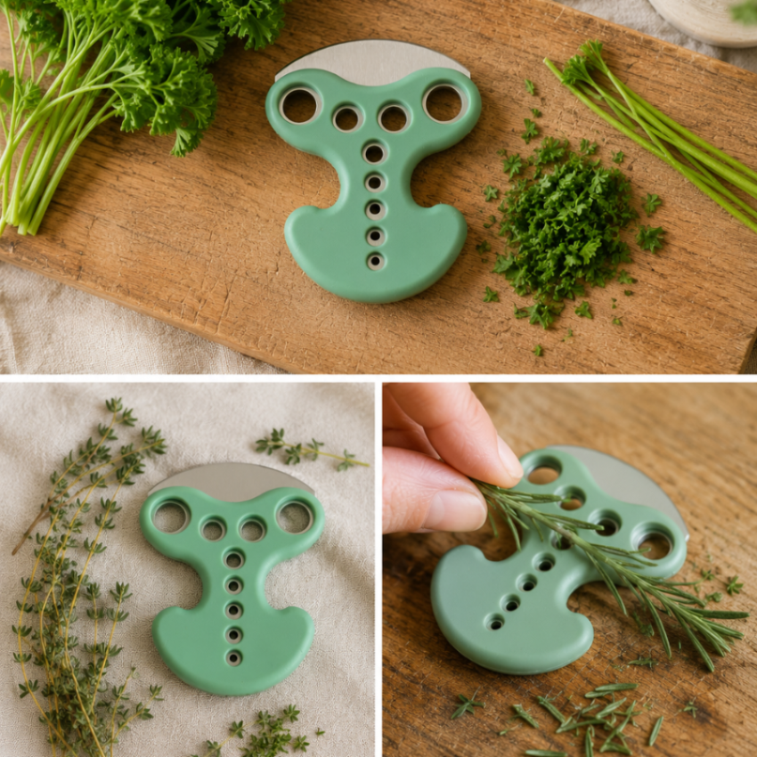 Herb stripper and chopper in three different pictures with Thyme, Rosemary and Parsley on chopping boards