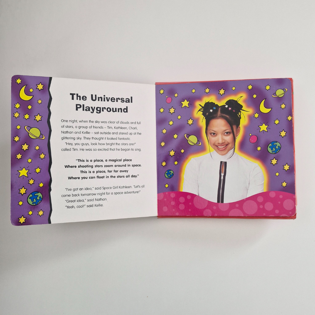 Open Hi-5 book featuring Kelly's portrait and text on a white background