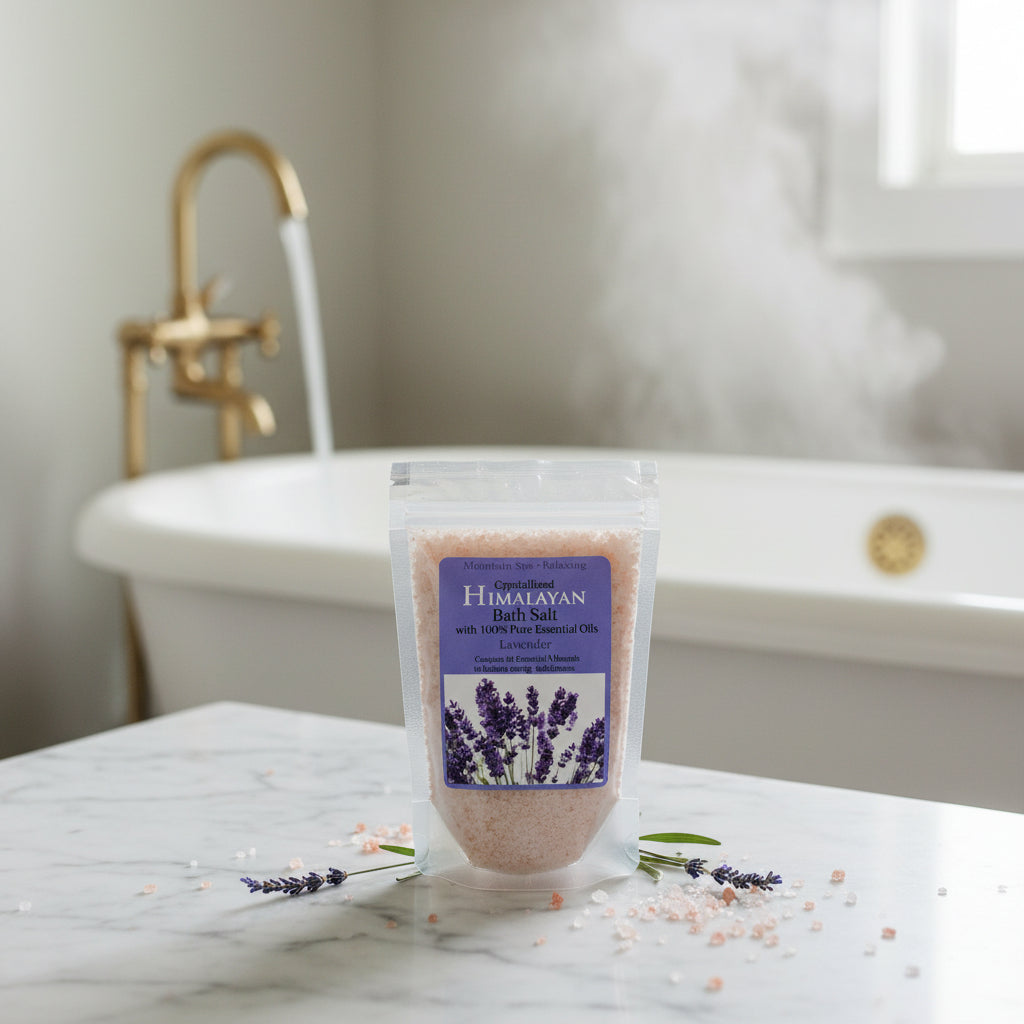 Himalayan Lavender Bath Salts sitting on a counter with a bath running in the background