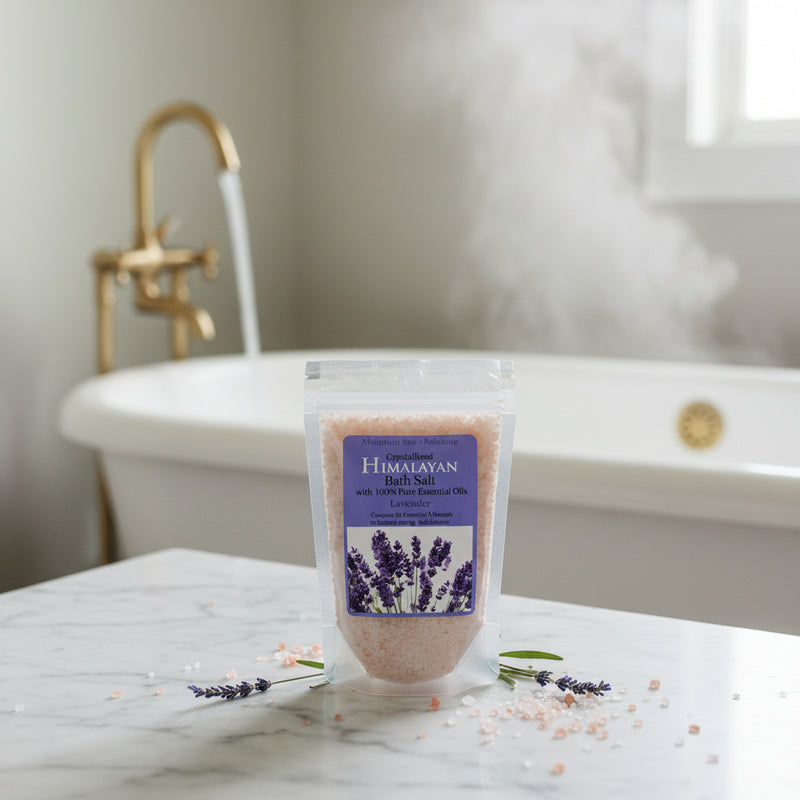 Himalayan Lavender Bath Salts sitting on a counter with a bath running in the background