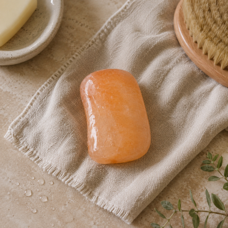 A Himalayan salt deodorant bar resting on a textured beige linen cloth. The scene is styled with spa props, including a small ceramic dish with a bar of soap in the top-left, a wooden brush in the top-right, and delicate green leaves in the bottom-right corner.