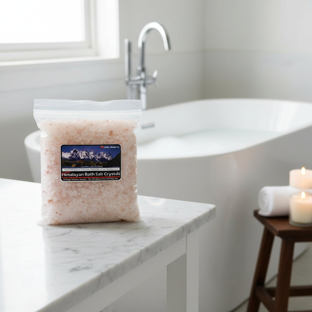 Himalayan salt bath crystals sitting on counter top with bath in the background