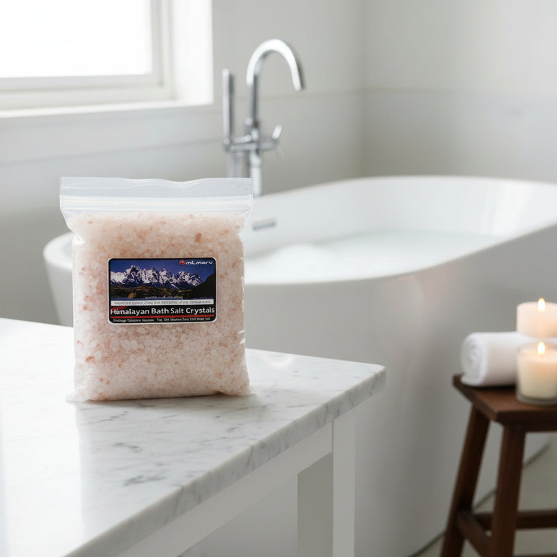 Himalayan salt bath crystals sitting on counter top with bath in the background