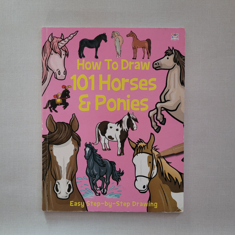 Book titled 'How to Draw 101 Horses & Ponies' on a gray background