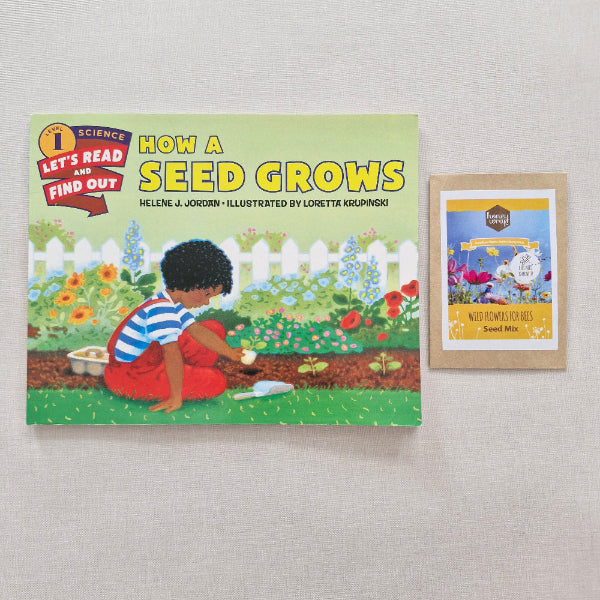 Children's book titled 'How a Seed Grows' on a light gray background