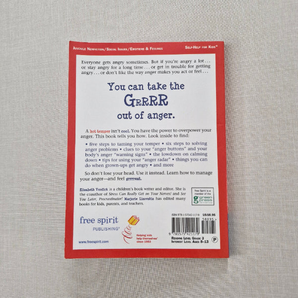 Back cover of anger book with text on a textured gray surface