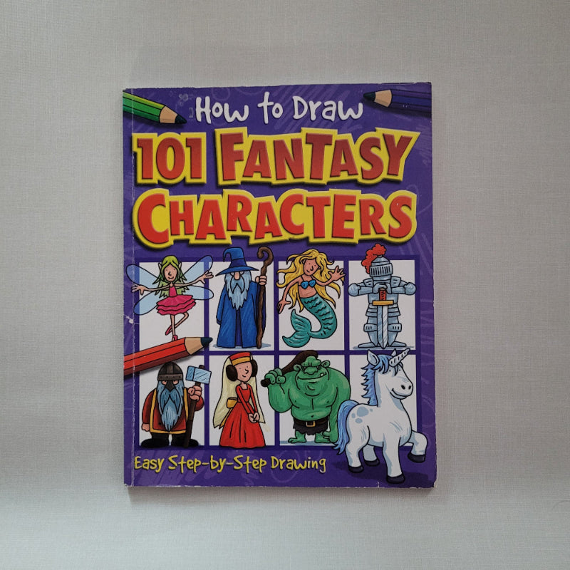 Book titled 'How to Draw 101 Fantasy Characters' on a gray background