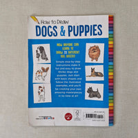 Back cover of a book titled 'How to Draw Dogs & Puppies' with illustrations and text on a textured surface.