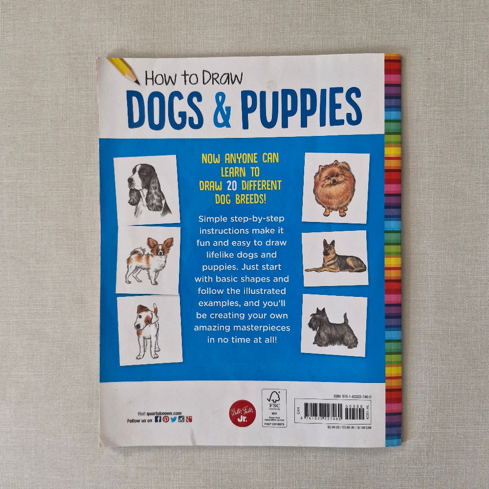 Back cover of a book titled 'How to Draw Dogs & Puppies' with illustrations and text on a textured surface.