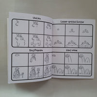 Open book with illustrations of various creatures on a plain background