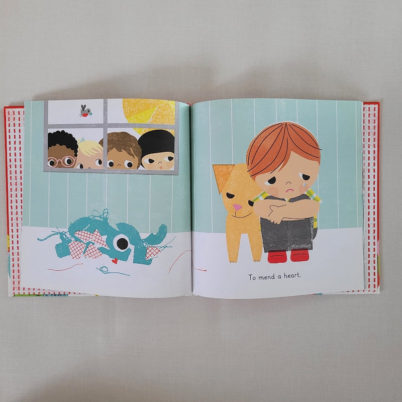 open page of book with a sad child standing next to a dog