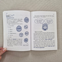 Open book with Stop and Think text and illustrations on a textured surface