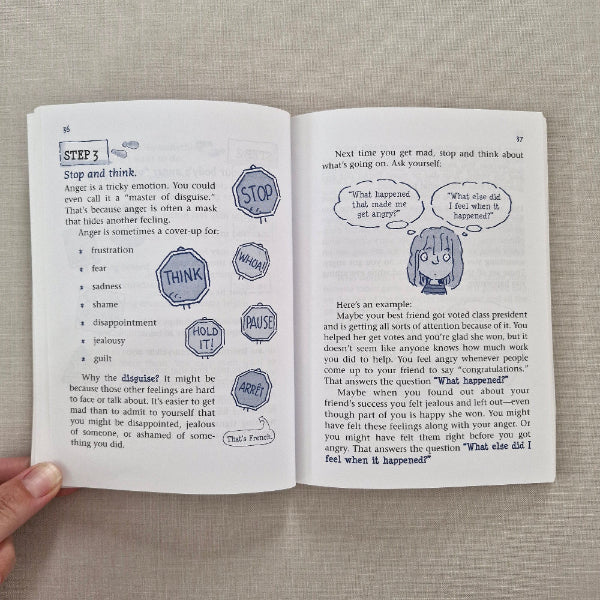 Open book with Stop and Think text and illustrations on a textured surface