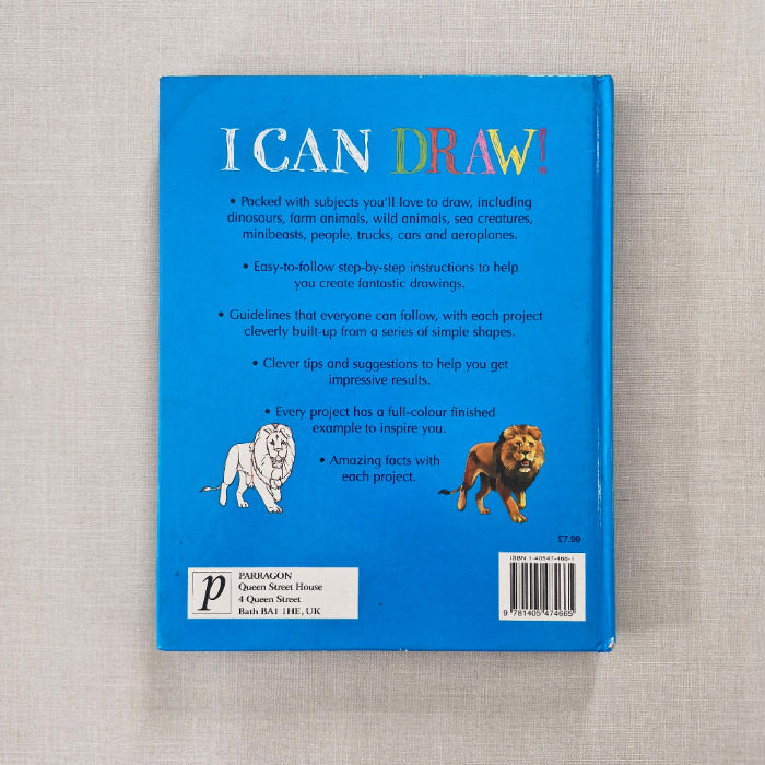 Back cover of a book titled 'I Can Draw' with illustrations and text on a textured surface.