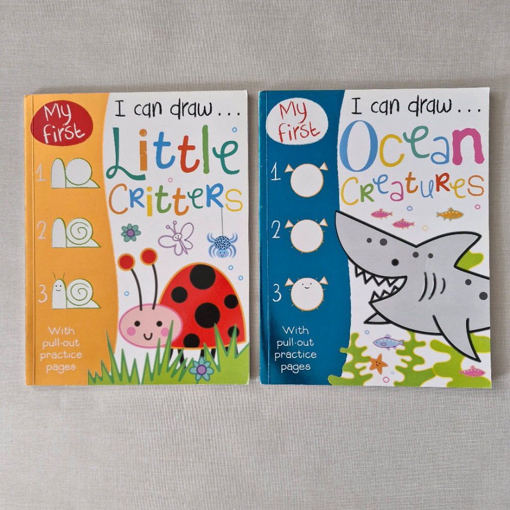 Two children's books titled 'I can draw Ocean Creatures' and 'I can draw Little Critters' on a grey surface.
