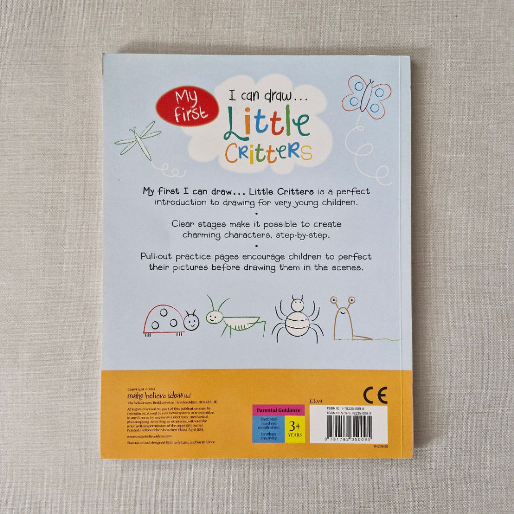 Back cover of a children's book titled 'I can draw Little Critters' on a textured beige surface.