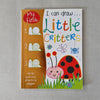 Children's book titled 'I can draw Little Critters' with a ladybug illustration on a grey background
