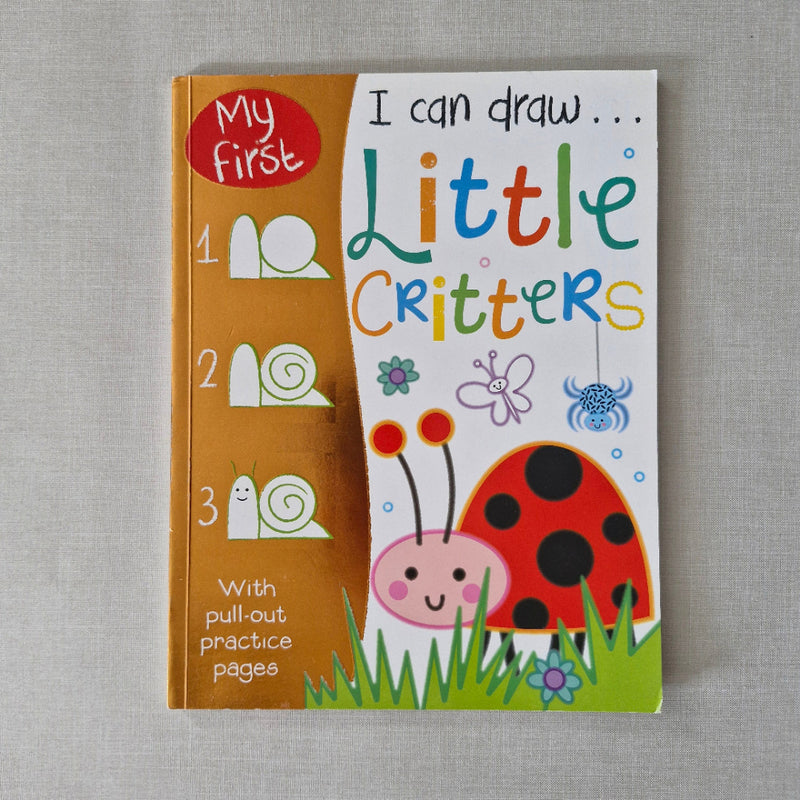 Children's book titled 'I can draw Little Critters' with a ladybug illustration on a grey background