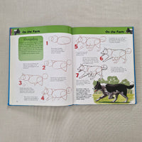 Open book showing illustrations and text on drawing farm animals.